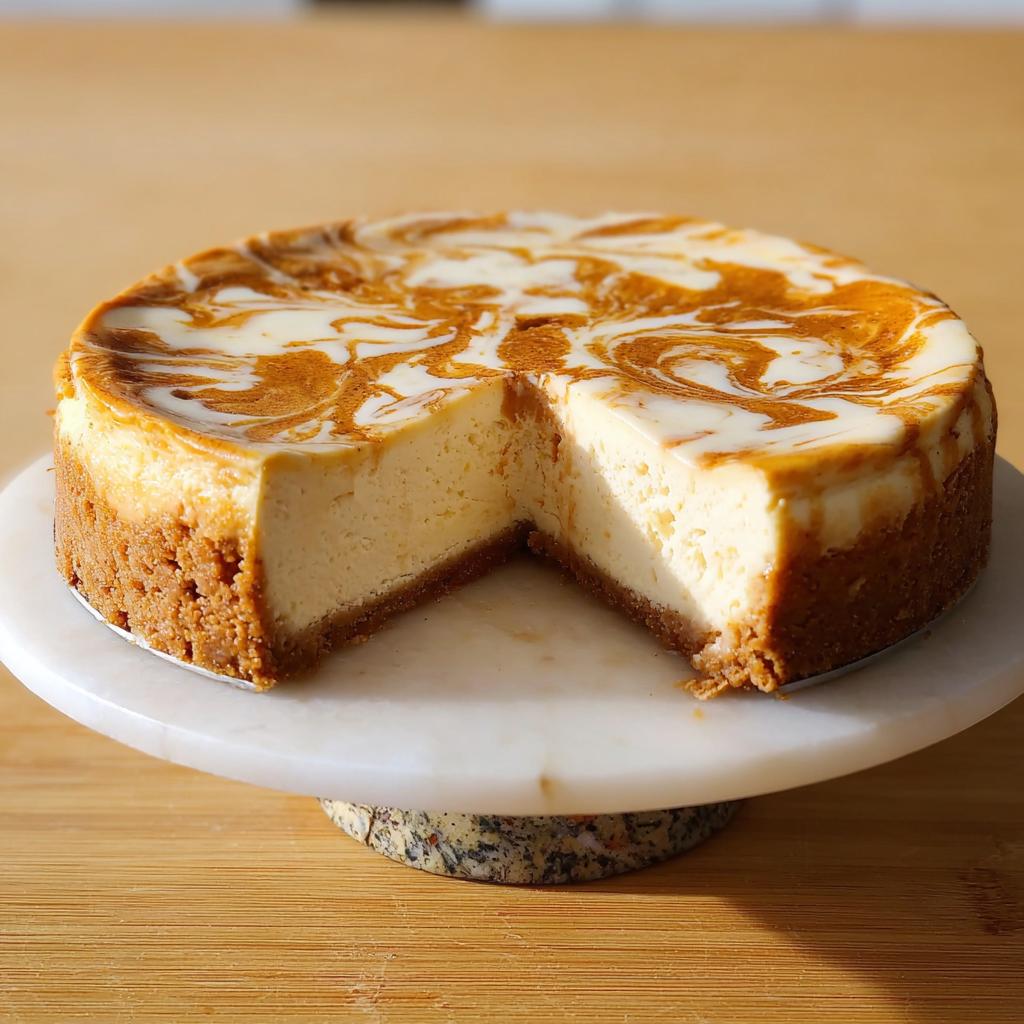 A whole Pumpkin Cheesecake Swirl Bliss on a marble cake stand, with a slice removed showing the creamy interior and graham cracker crust.