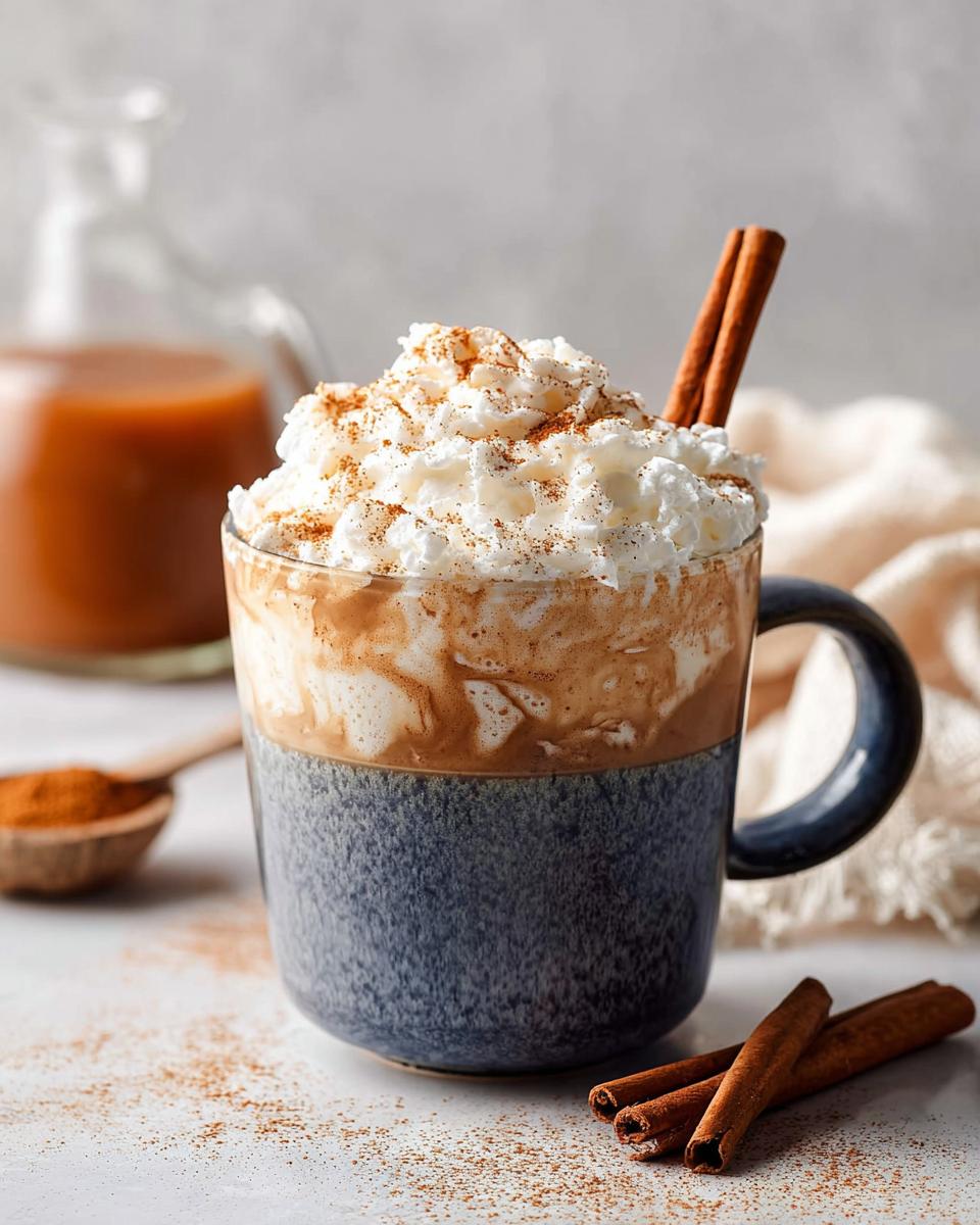 A delicious Pumpkin Spice Latte With Real Pumpkin topped with whipped cream, cinnamon, and a cinnamon stick.