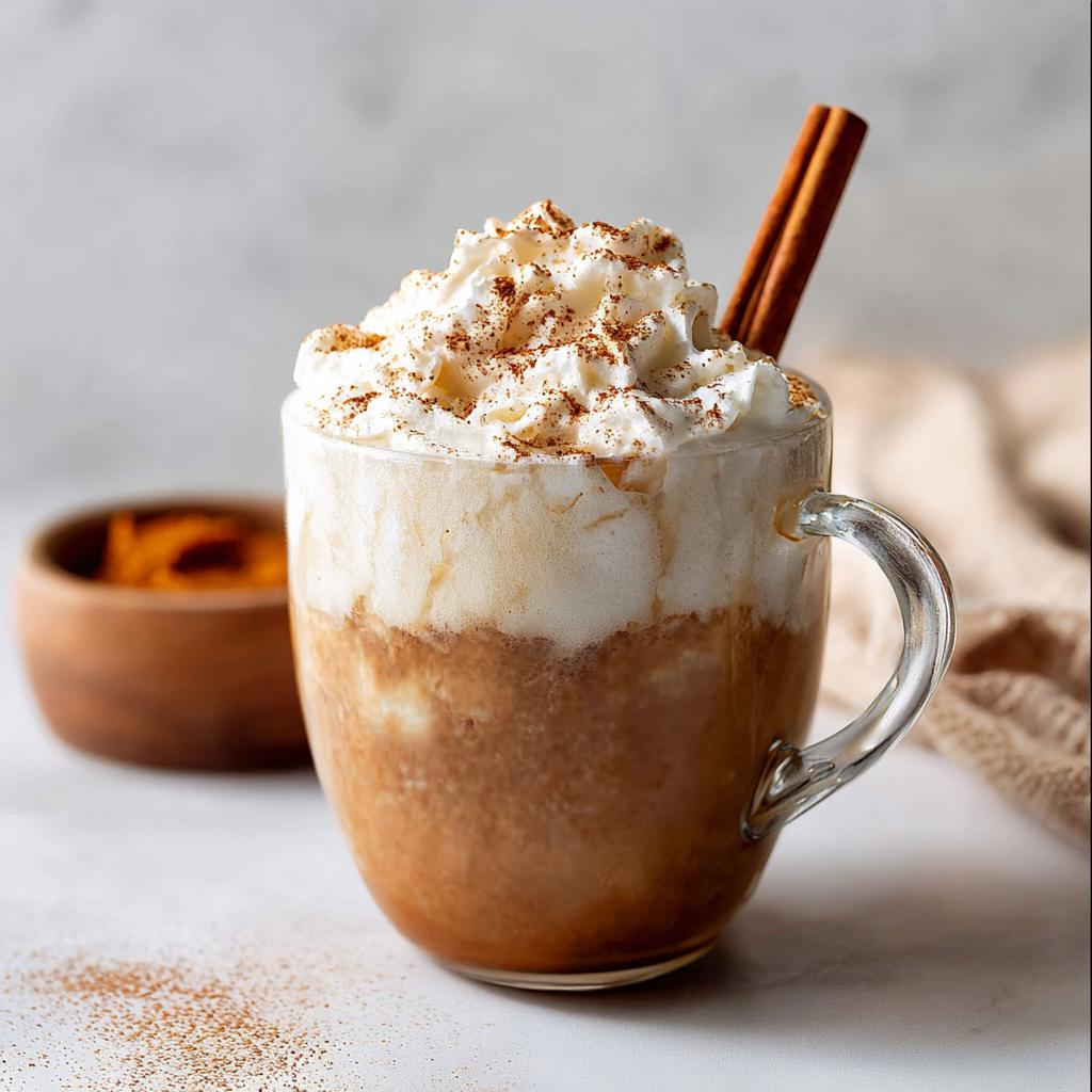 A delicious Pumpkin Spice Latte With Real Pumpkin topped with whipped cream and a cinnamon stick.