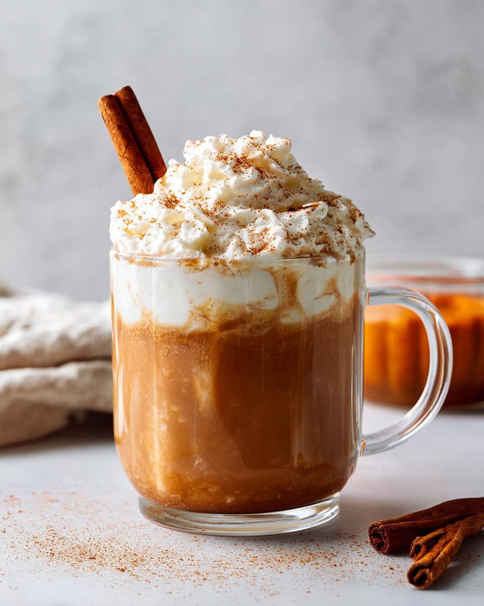 A delicious Pumpkin Spice Latte With Real Pumpkin topped with whipped cream and a cinnamon stick.
