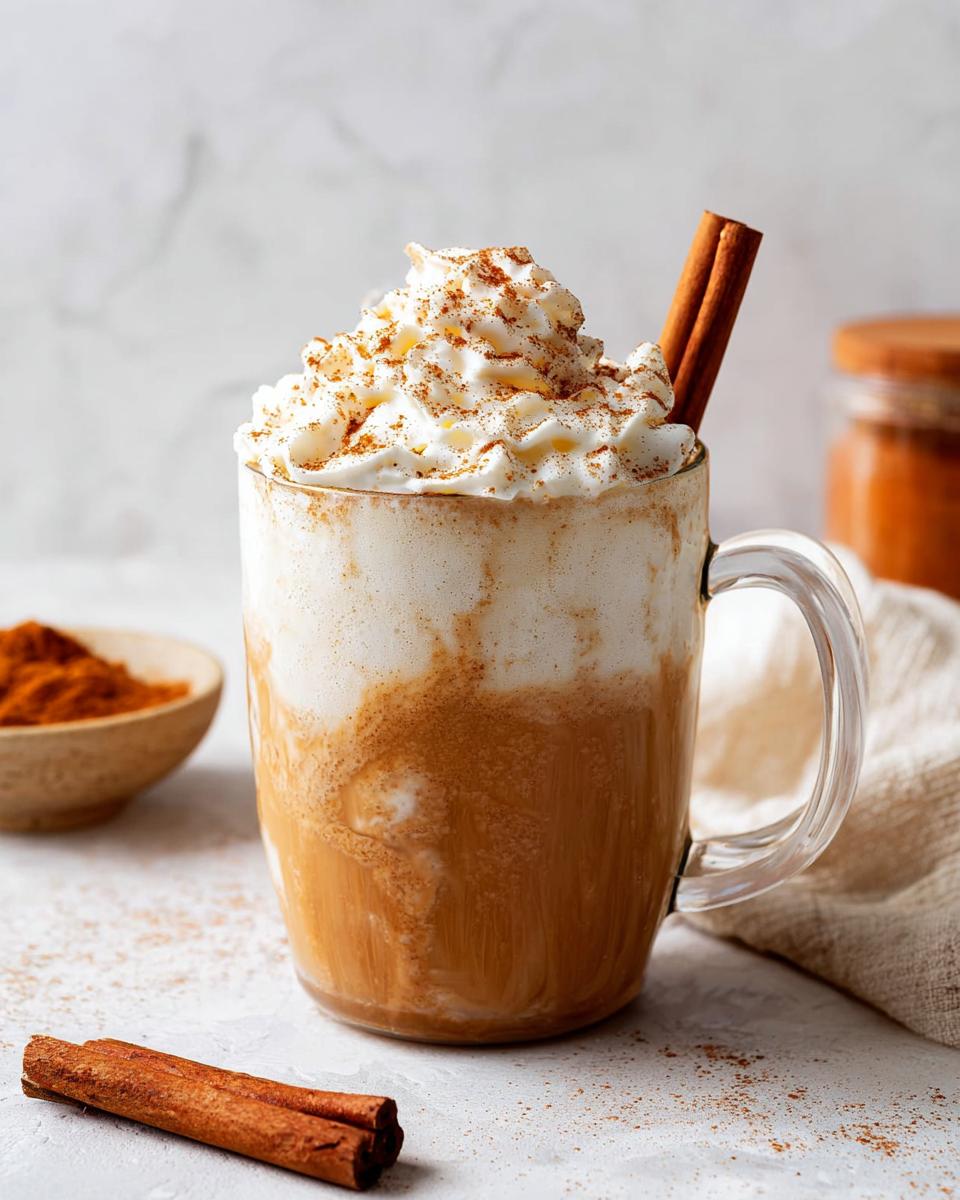 A delicious Pumpkin Spice Latte With Real Pumpkin in a glass mug, topped with whipped cream and cinnamon, with cinnamon sticks and spice nearby.