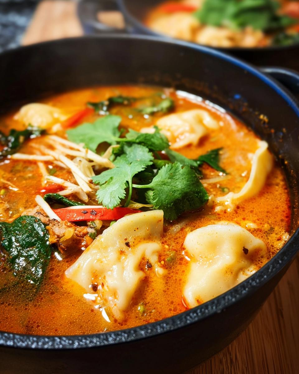 A close-up of a steaming bowl of red curry dumpling soup, featuring plump dumplings, fresh cilantro, and bean sprouts.