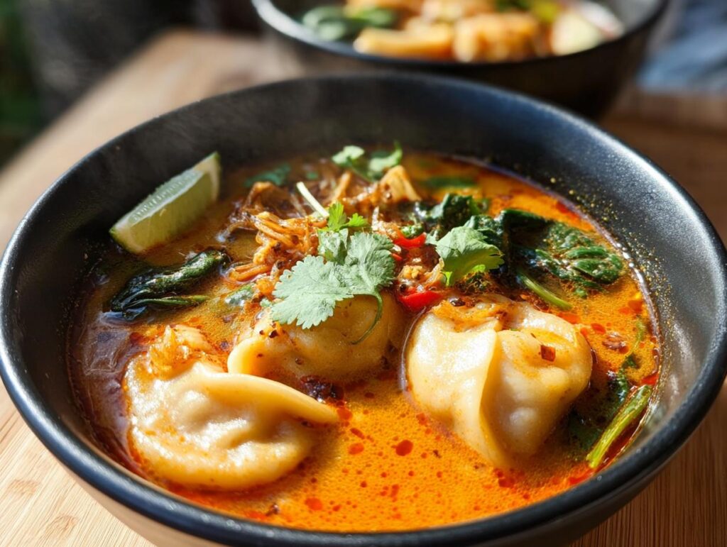Close-up of a steaming bowl of red curry dumpling soup with dumplings, spinach, lime, and cilantro.