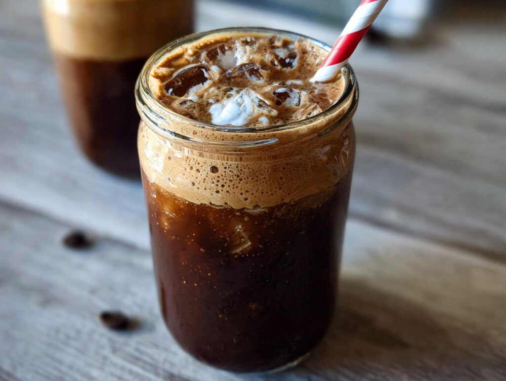 A close-up of a rich and velvety mocha latte in a glass jar with ice and a red and white striped straw.