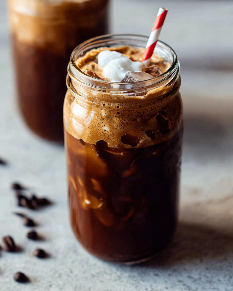 A rich and velvety mocha latte in a mason jar, topped with whipped cream and a red and white straw.