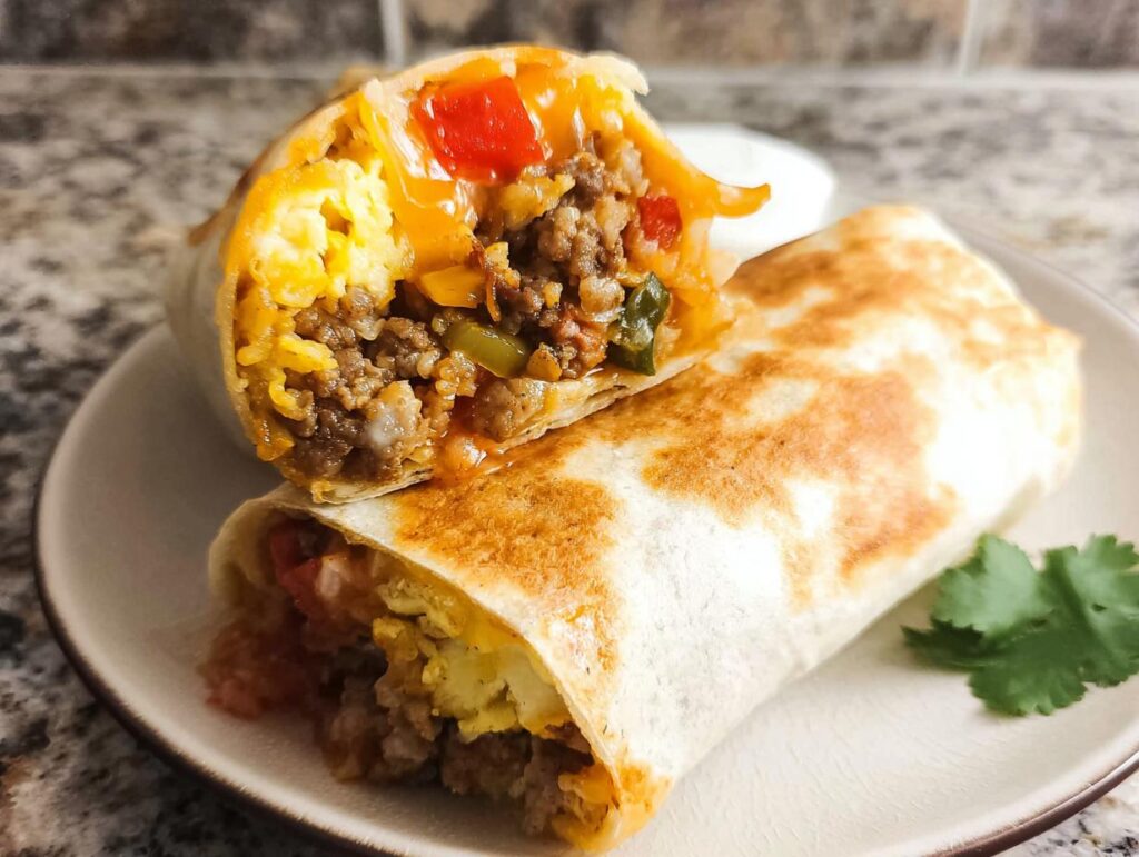 A savory breakfast burrito cut in half, revealing scrambled eggs, seasoned ground meat, cheese, and diced peppers. Perfect for freezing.