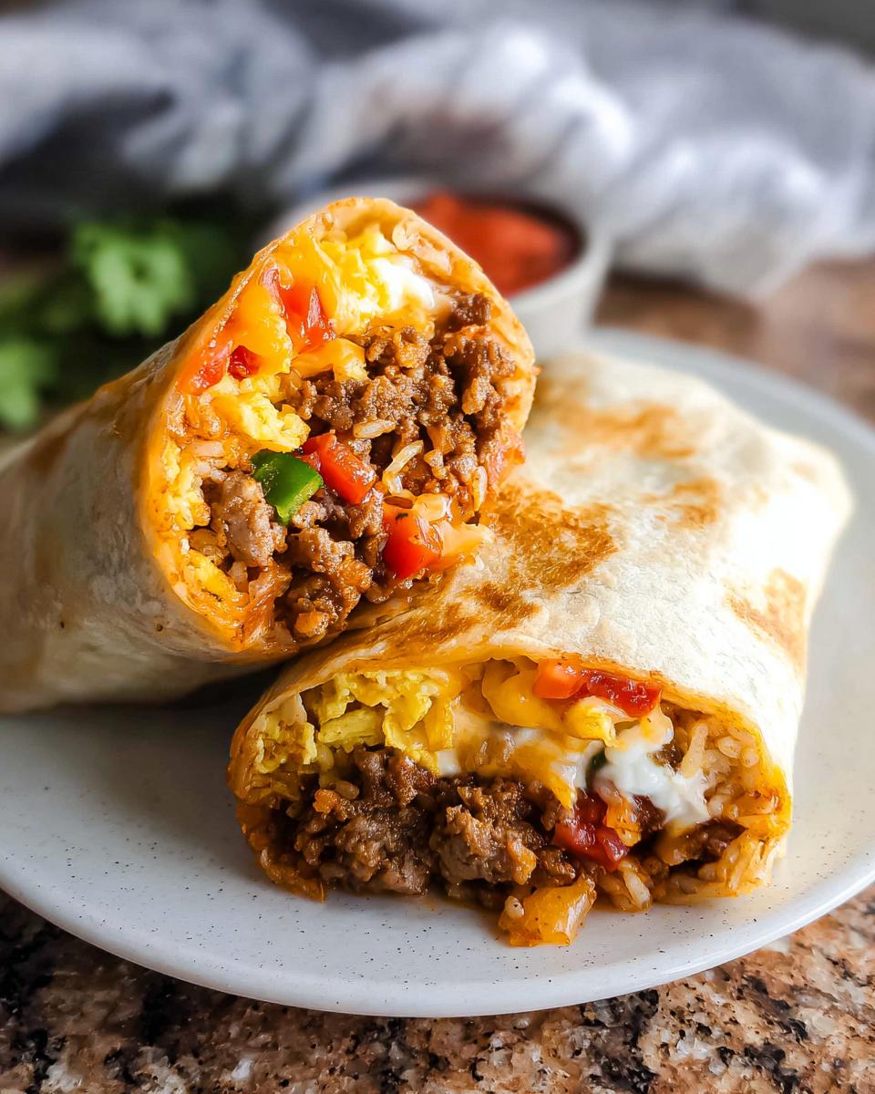 Close-up of a savory breakfast burrito cut in half, revealing scrambled eggs, seasoned ground meat, rice, and peppers.