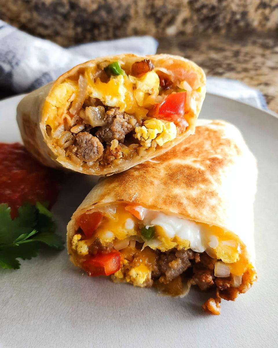 Close-up of a Savory Breakfast Burrito To Freeze, cut in half, revealing scrambled eggs, sausage, cheese, and vegetables.