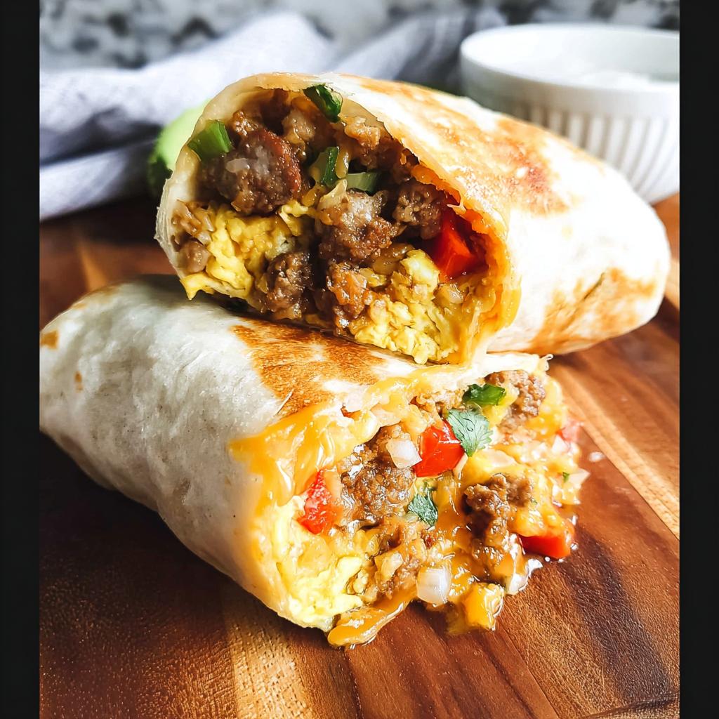 A close-up of two halves of a Savory Breakfast Burrito To Freeze, revealing scrambled eggs, seasoned meat, bell peppers, and cheese.