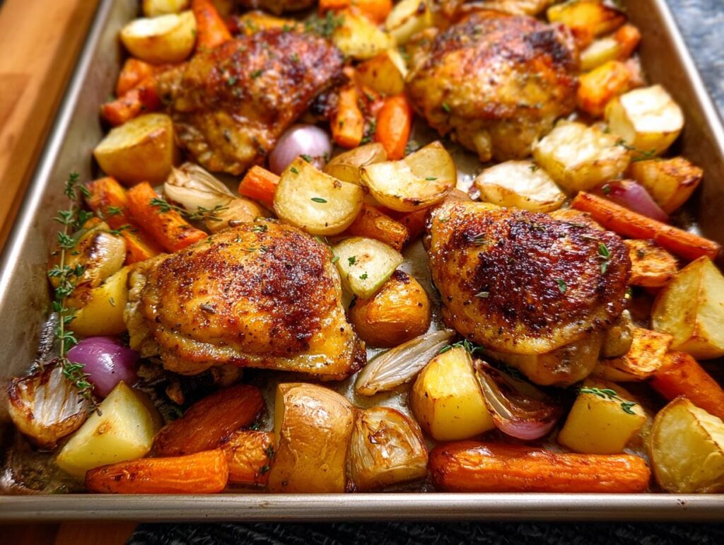 Golden brown sheet pan chicken thighs with roasted potatoes, carrots, and red onion, seasoned with herbs.