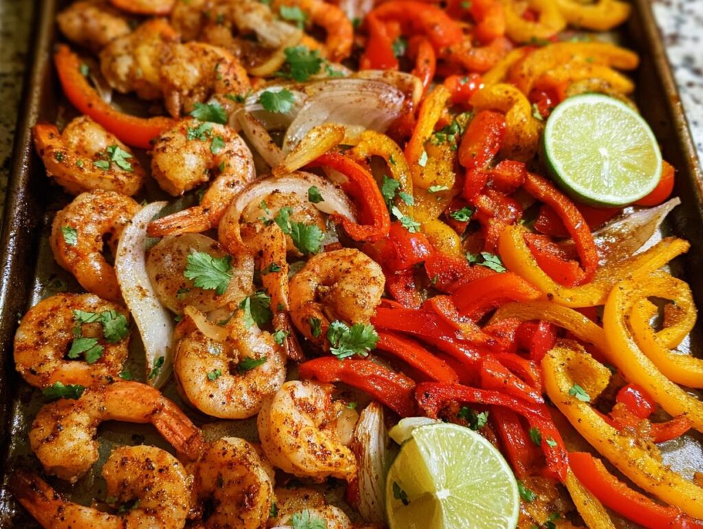 A colorful sheet pan special featuring seasoned shrimp, sliced bell peppers (red and yellow), onions, and lime wedges.