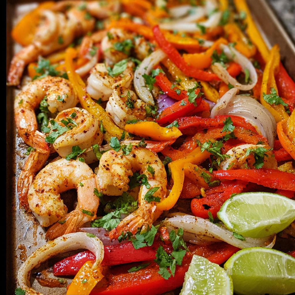A colorful sheet pan special featuring roasted shrimp, bell peppers, and onions, garnished with fresh cilantro and lime wedges.