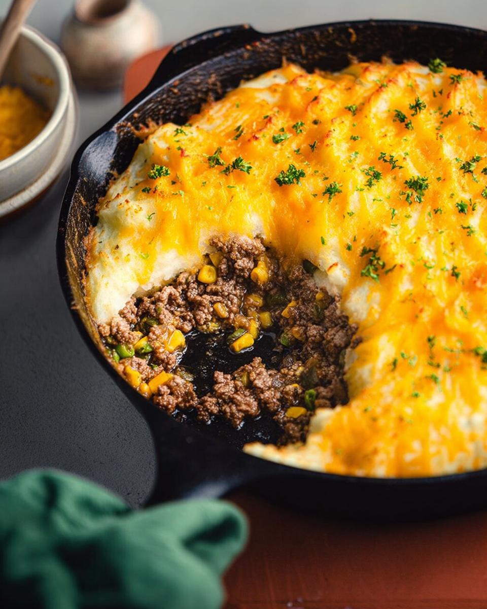 A hearty skillet supper featuring a savory ground beef and vegetable filling topped with creamy mashed potatoes and melted cheddar cheese.