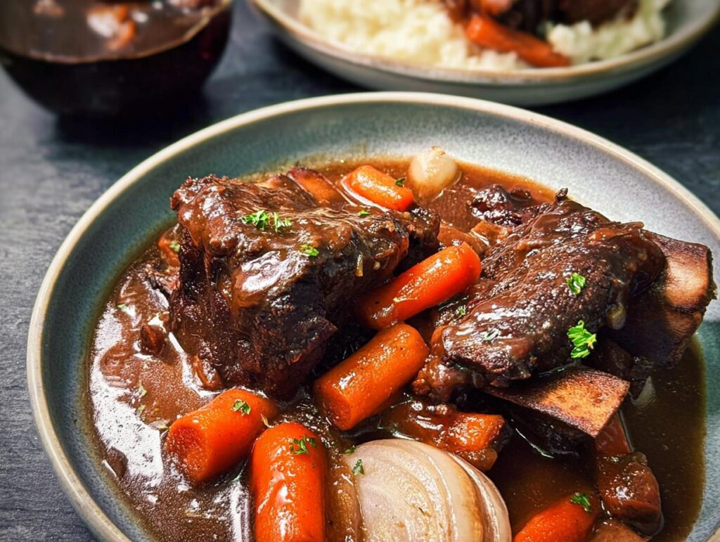 Hearty slow cooker braised short ribs with carrots and onions in a rich sauce, perfect for chill evenings.