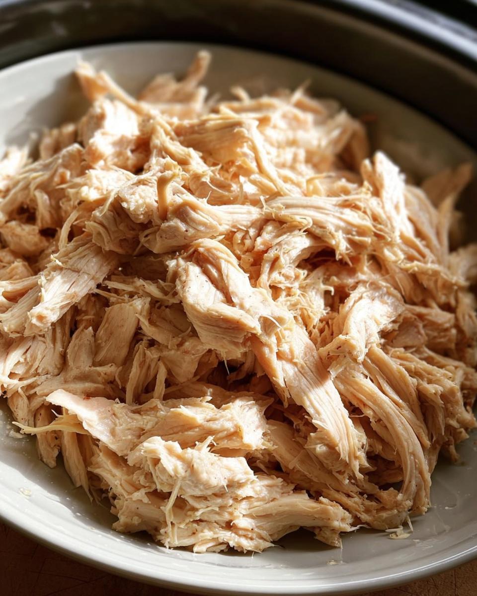 Close-up of perfectly shredded slow cooker chicken on a white plate, ready for recipes.