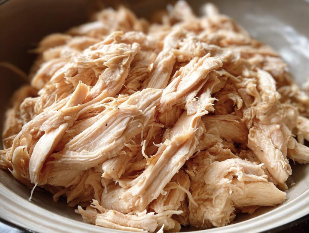 A close-up of perfectly shredded chicken, ideal for slow cooker recipes.