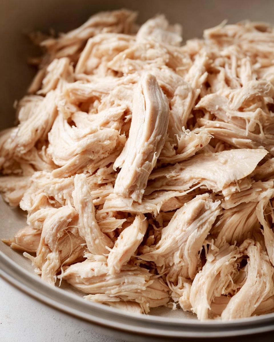 A close-up of a bowl filled with perfectly shredded slow cooker chicken, showing its tender texture.