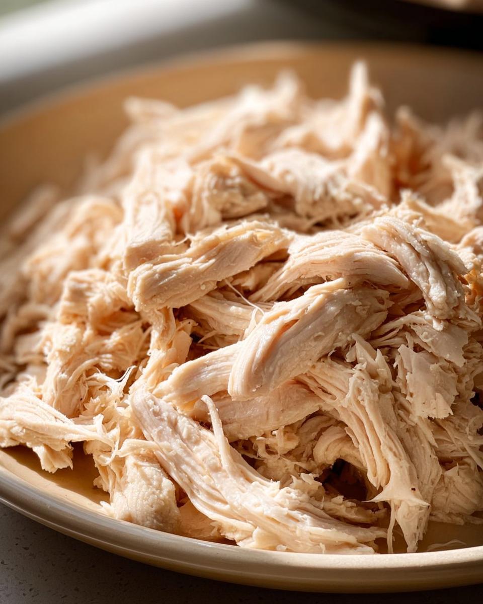 Close-up of a bowl filled with perfectly shredded slow cooker chicken.