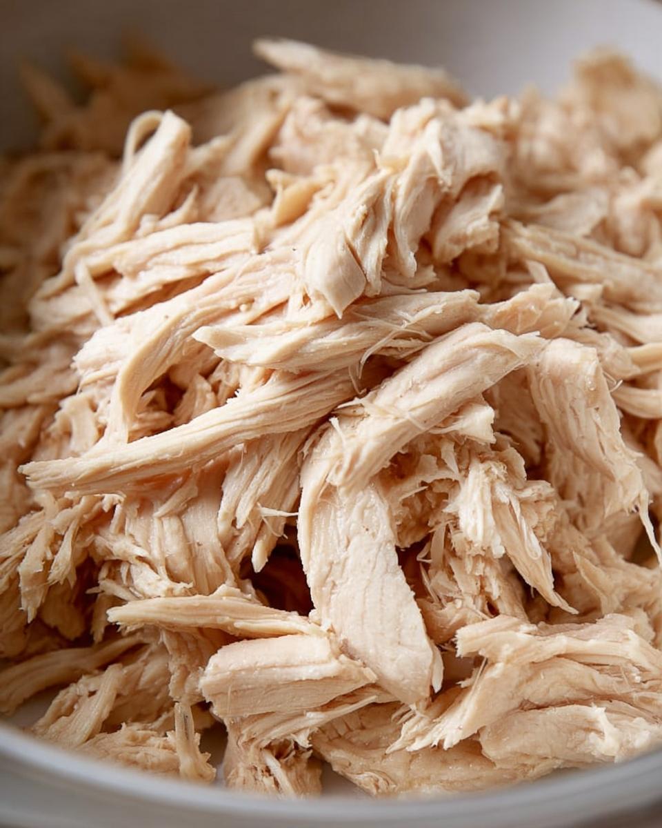 Close-up of perfectly shredded slow cooker chicken, ideal for easy meal prep.