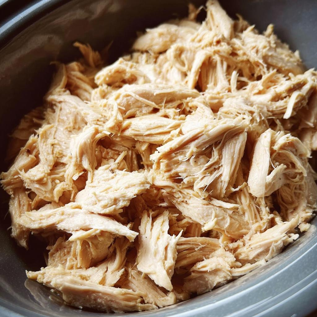 Close-up of perfectly shredded slow cooker chicken, moist and tender, ready for any recipe.