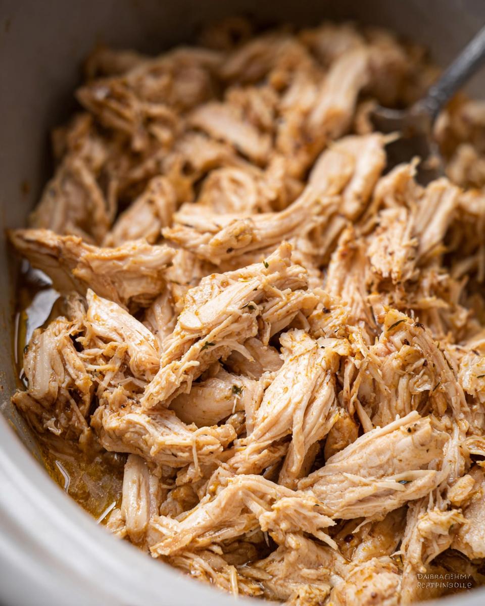 Close-up of perfectly shredded Slow Cooker Chicken Thighs That Shred, moist and flavorful.
