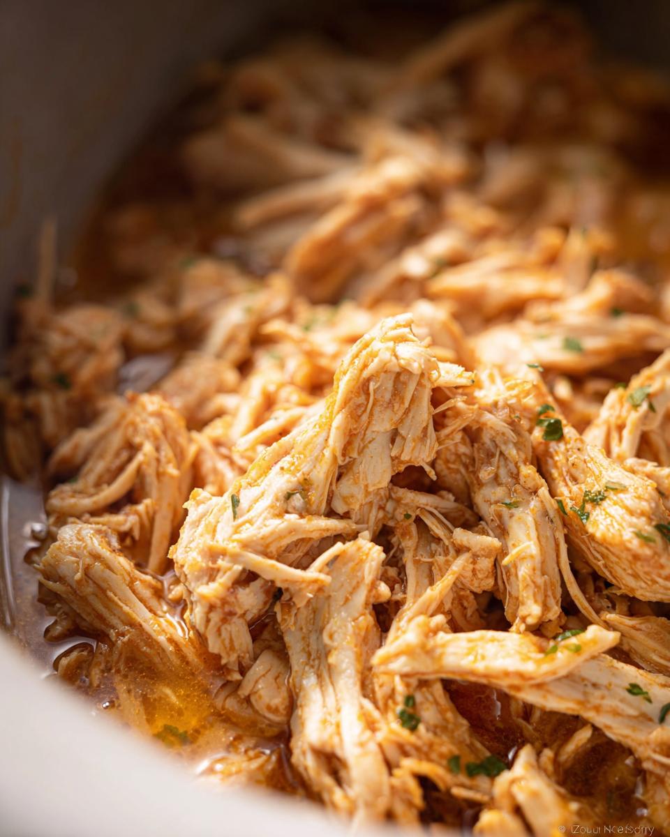 Close-up of tender, shredded slow cooker chicken thighs coated in a savory sauce, garnished with parsley.