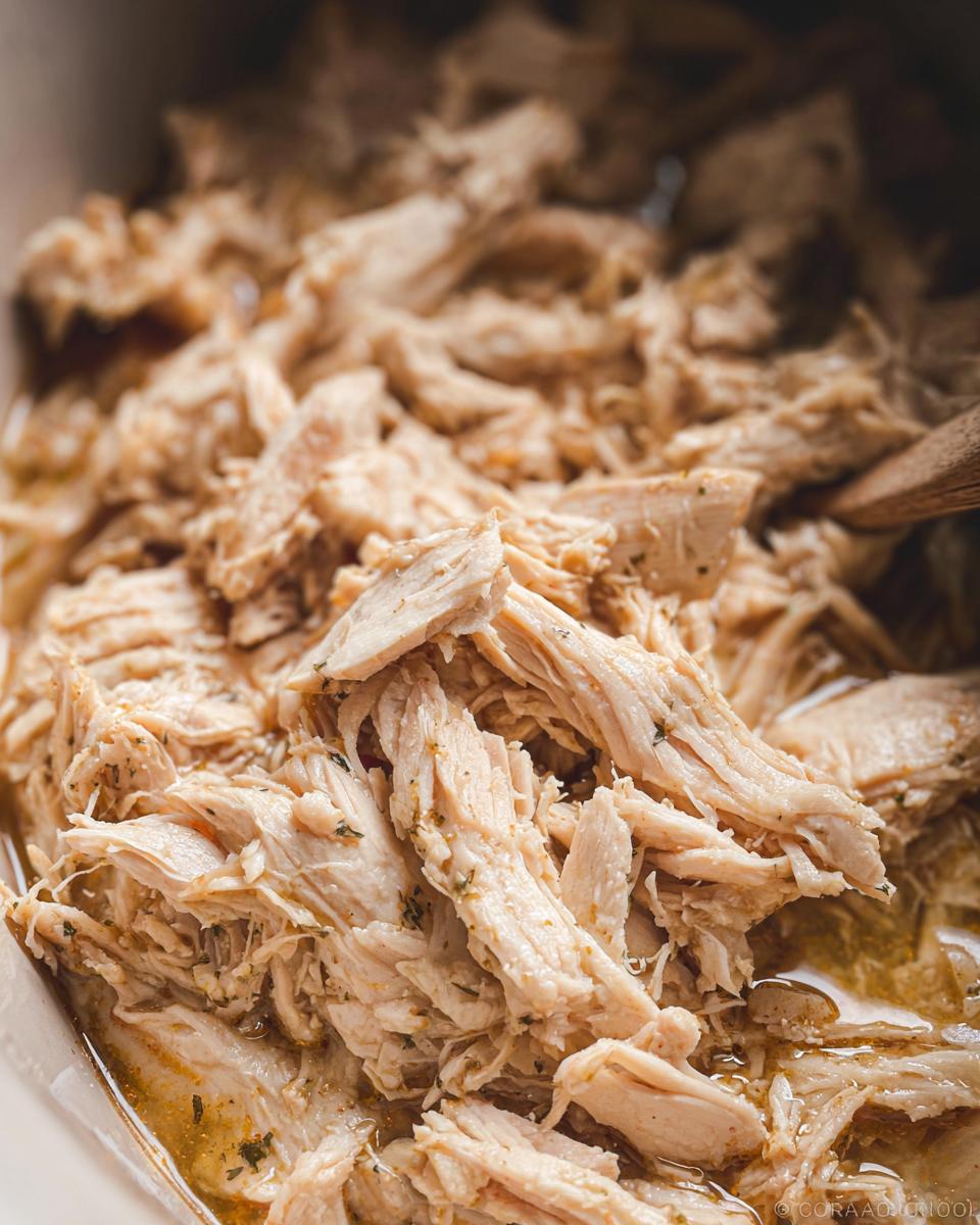Close-up of tender, shredded slow cooker chicken thighs seasoned with herbs.