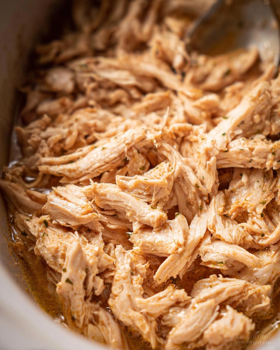 Close-up of perfectly shredded slow cooker chicken thighs with herbs and juices.