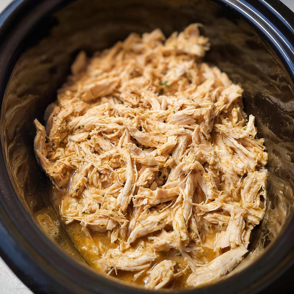 Close-up of perfectly shredded chicken thighs cooked in a slow cooker, juicy and flavorful.