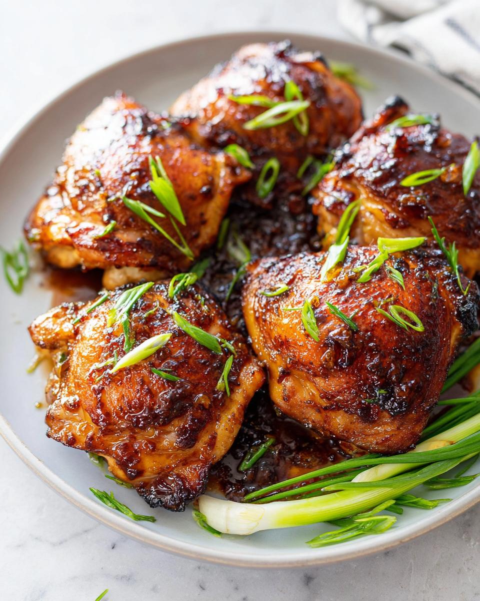 A close-up of four juicy Sticky Soy Glazed Chicken Thighs on a plate, garnished with green onions.