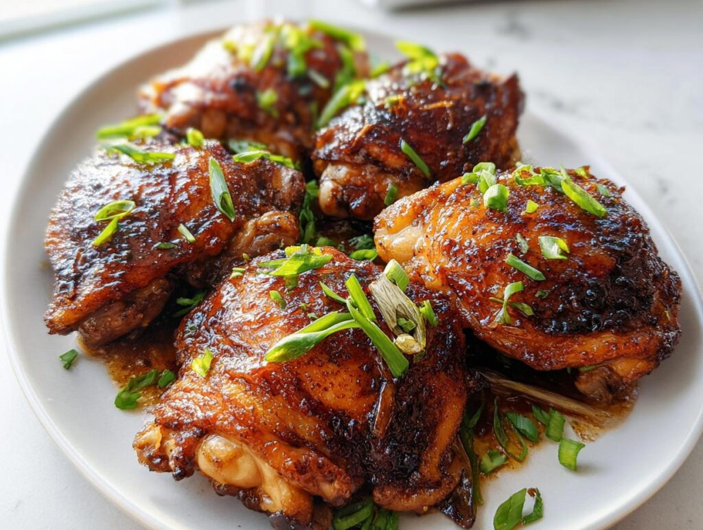 A platter of delicious Sticky Soy Glazed Chicken Thighs, glistening with sauce and topped with chopped green onions.