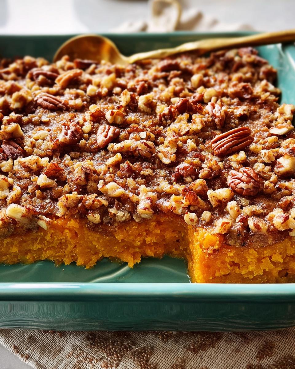 Close-up of a sweet potato casserole with a pecan and brown sugar crumble topping, a slice removed.