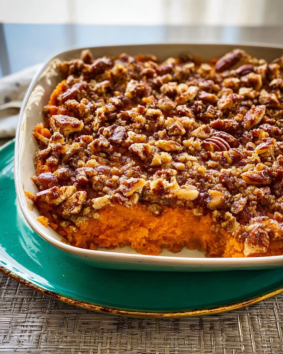 A close-up of a sweet potato casserole with a pecan crumble topping, a perfect addition to any Crowd Pleasing Thanksgiving Veggie Display.