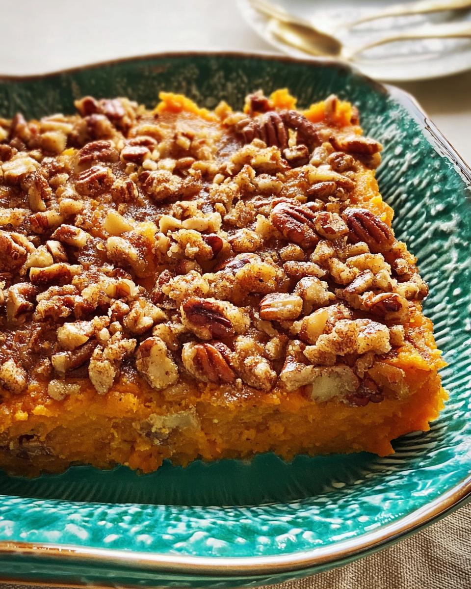A close-up of a slice of sweet potato casserole topped with pecans and a crumble, perfect for a Crowd Pleasing Thanksgiving Veggie Display.
