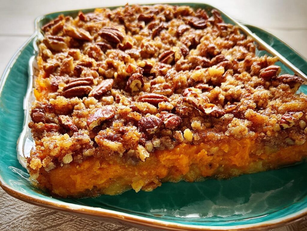 Close-up of a slice of sweet potato casserole topped with crunchy pecans and a crumble topping, part of a Crowd Pleasing Thanksgiving Veggie Display.