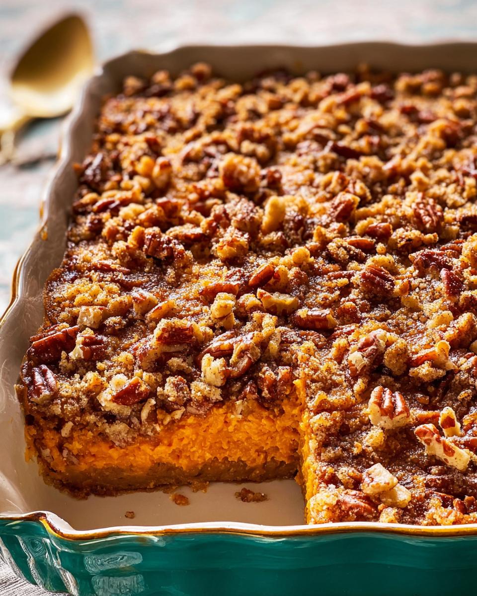 A close-up of a Crowd Pleasing Thanksgiving Veggie Display: Sweet potato casserole with a pecan crumble topping.