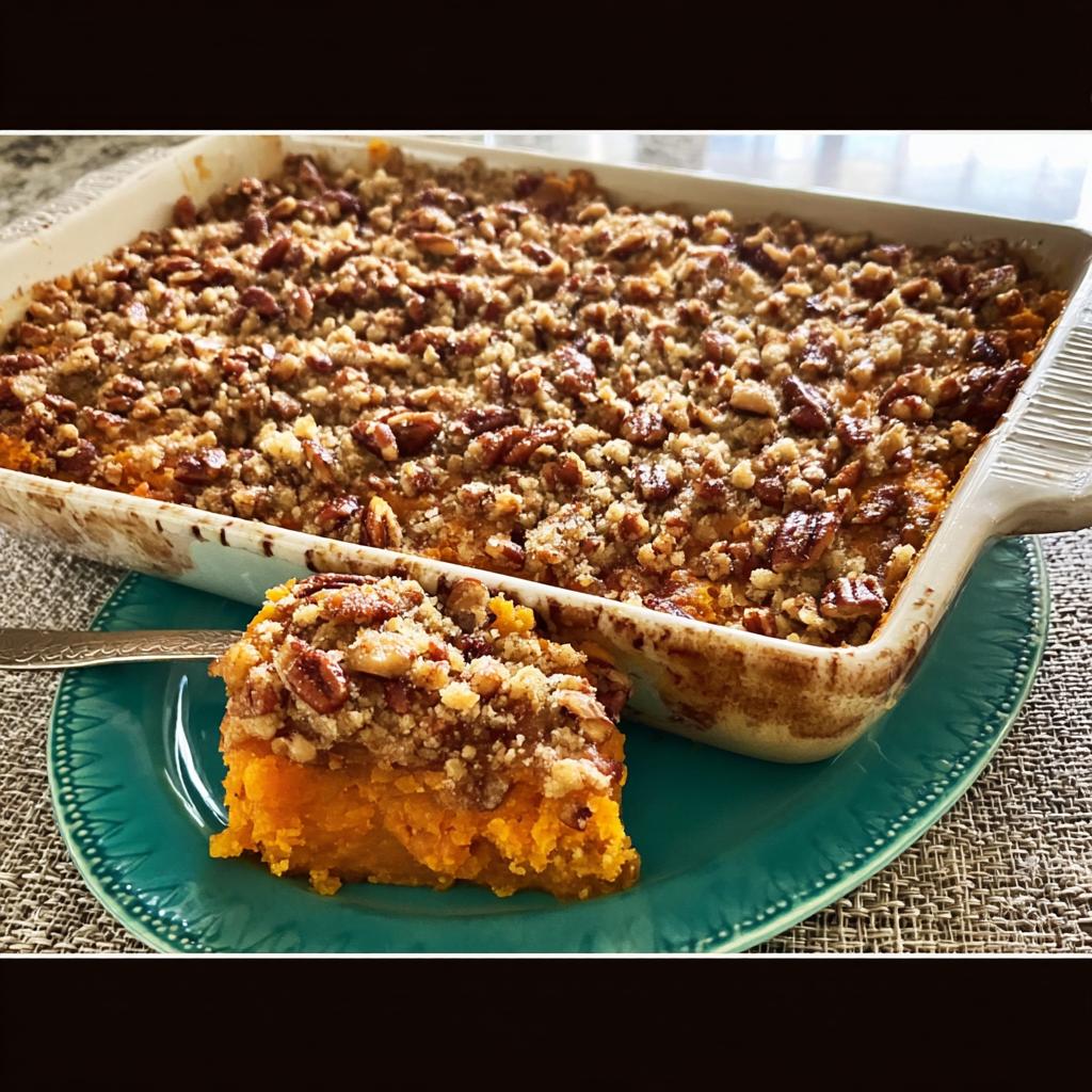 A slice of sweet potato casserole with a pecan crumble topping, part of a Crowd Pleasing Thanksgiving Veggie Display.