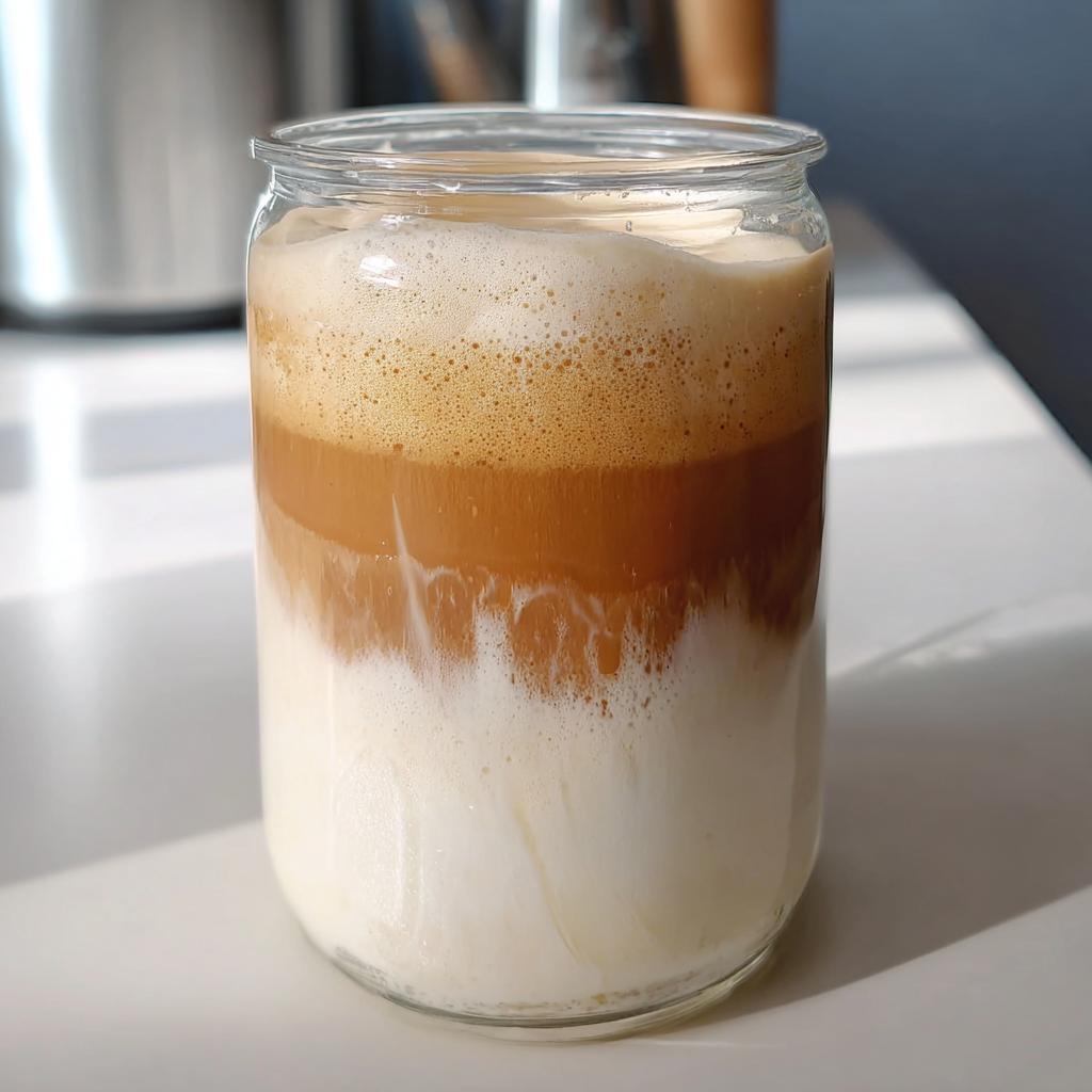 A layered drink in a glass jar showcasing Vanilla Sweet Cream Cold Foam Magic with frothy foam on top.
