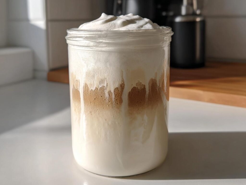 A tall glass filled with iced coffee and topped with a generous layer of Vanilla Sweet Cream Cold Foam Magic.