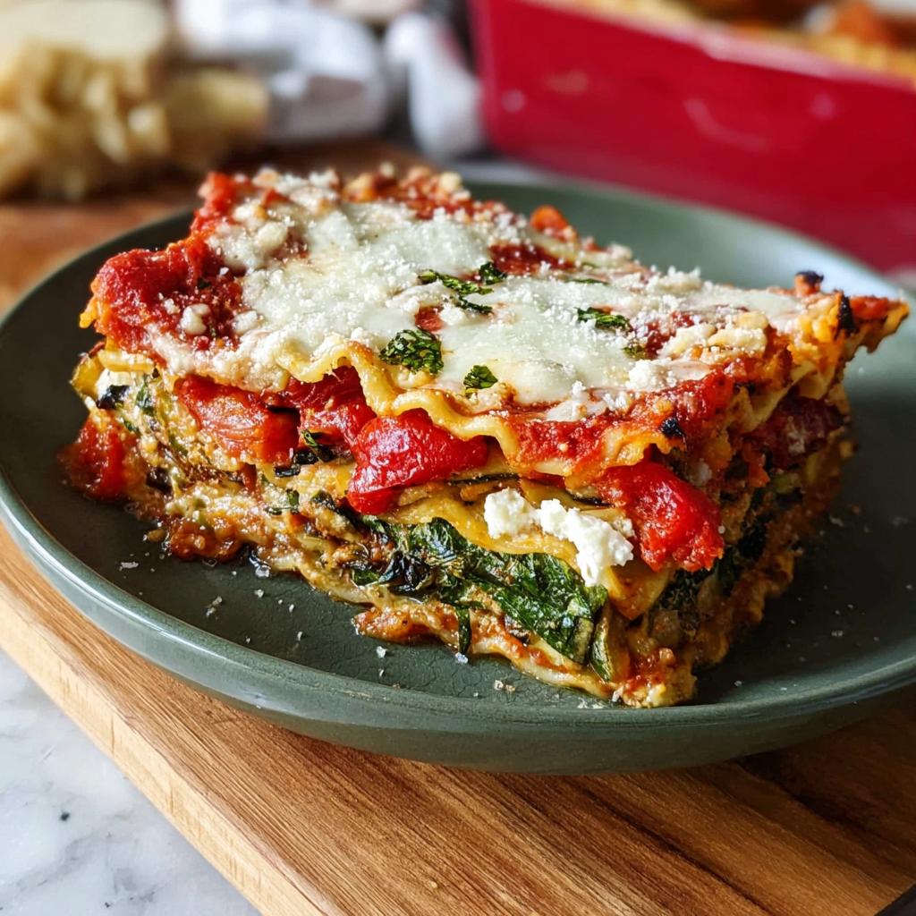 A generous slice of veggie forward lasagna, layered with pasta, spinach, tomatoes, and cheese.