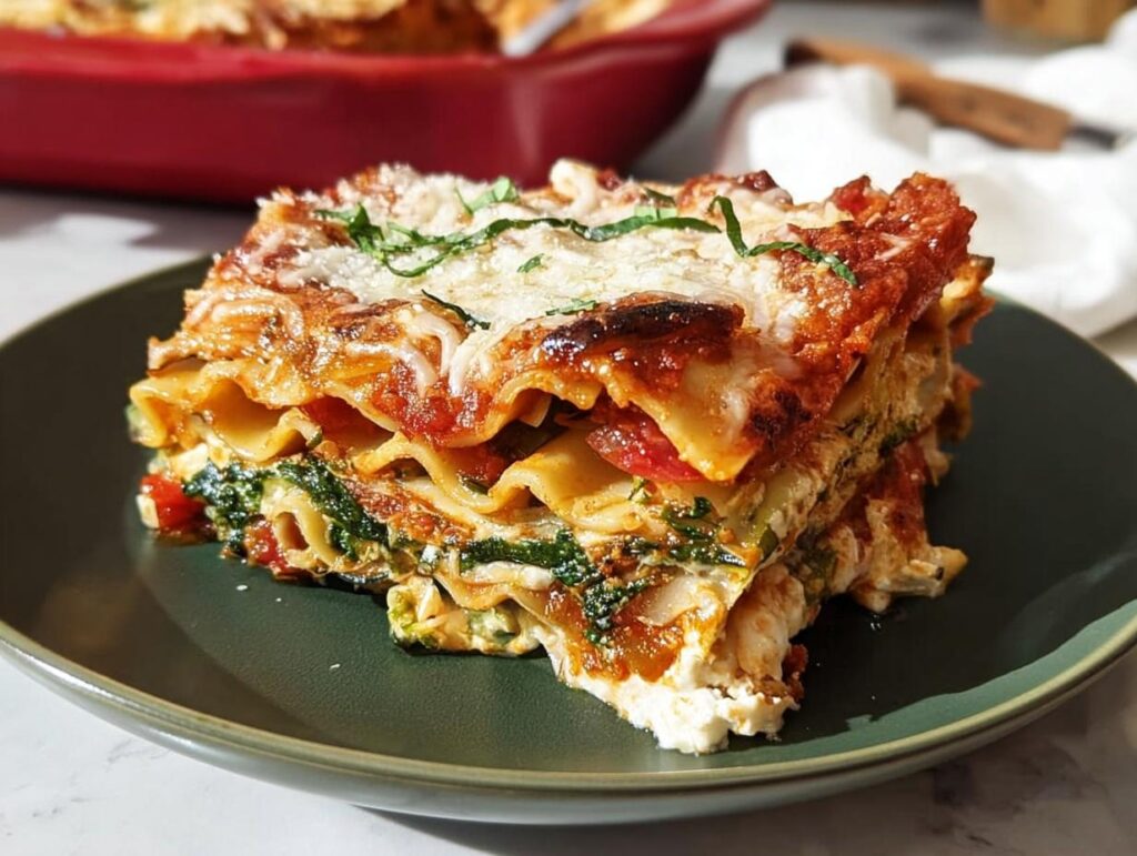 A generous slice of veggie forward lasagna, showcasing layers of pasta, spinach, tomatoes, and cheese.