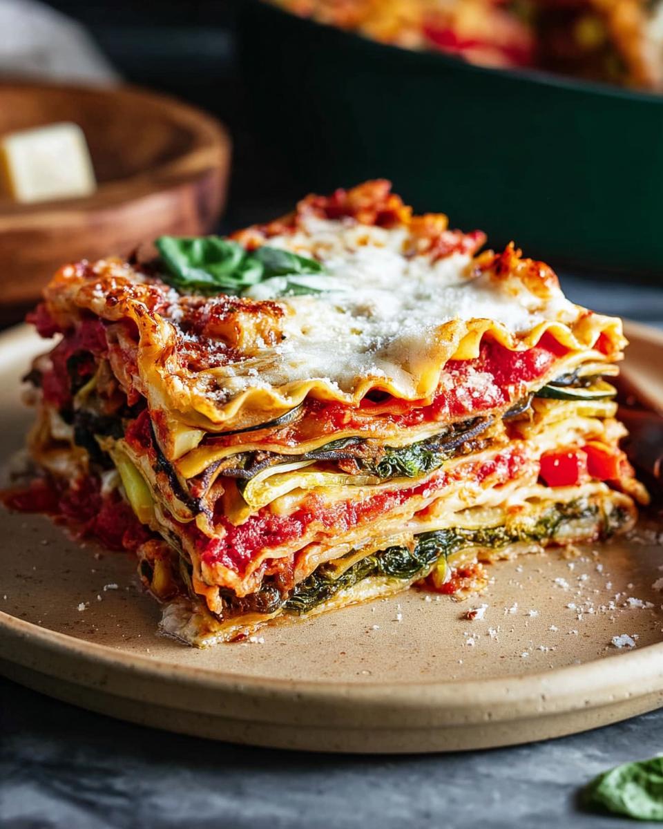 A thick slice of veggie forward lasagna, layered with pasta, vegetables, and tomato sauce, topped with cheese and basil.