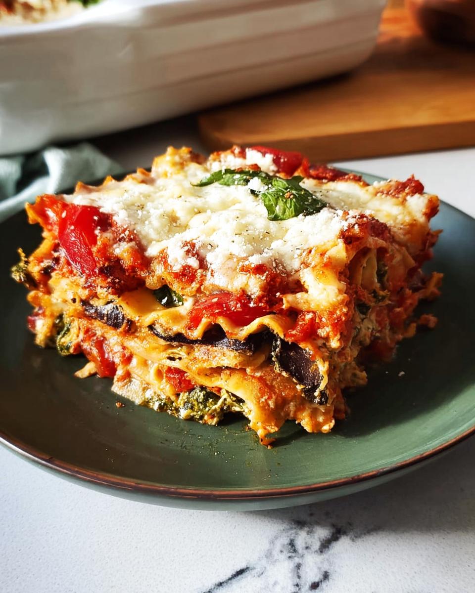 A hearty slice of veggie-forward lasagna, featuring layers of pasta, rich tomato sauce, vegetables, and melted cheese.