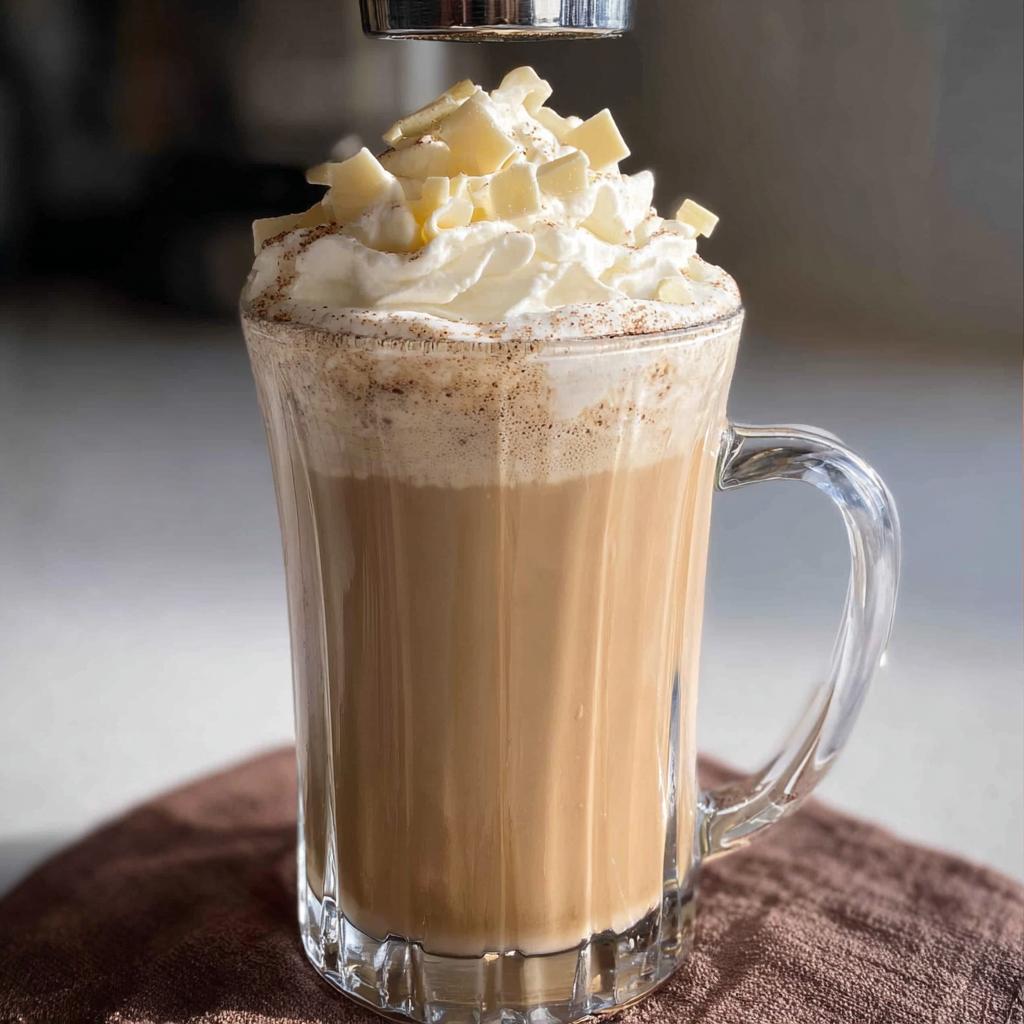 A delicious White Chocolate Mocha At Home in a glass mug, topped with whipped cream and white chocolate shavings.