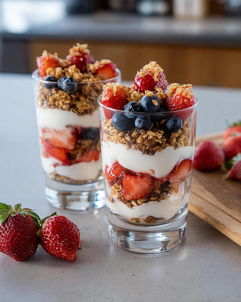 Two glasses filled with Yogurt Parfaits With Fruit And Crunch, layered with yogurt, strawberries, blueberries, and granola.