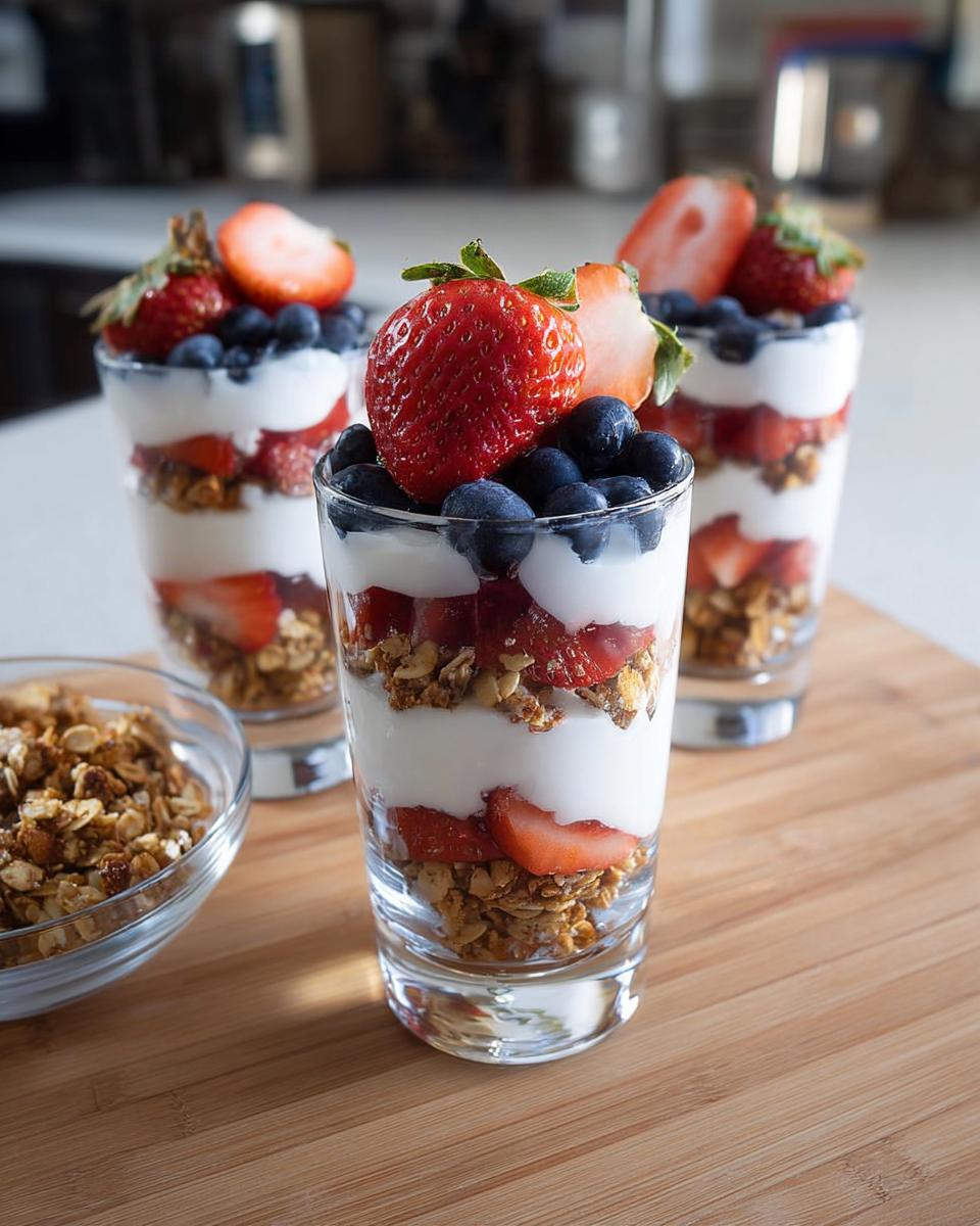 Three glasses filled with Yogurt Parfaits With Fruit and Crunch, layered with yogurt, granola, strawberries, and blueberries.