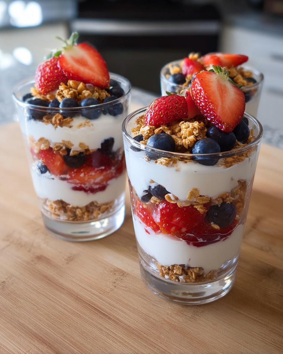 Three glasses filled with Yogurt Parfaits With Fruit And Crunch, layered with yogurt, granola, strawberries, and blueberries.